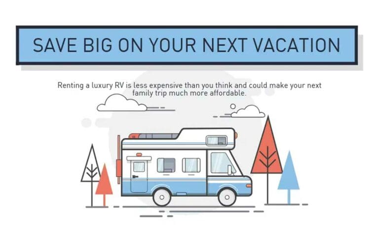 Graphic showing a cartoon of a motor home with a title saying save big on your next vacation