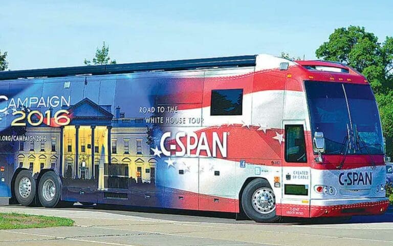 RV Motor Coach with a C-Span political campaign wrap