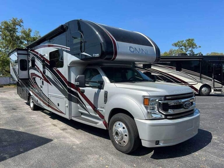 RV Rental: 37' Omni Super C - Exterior view from front including entryway.