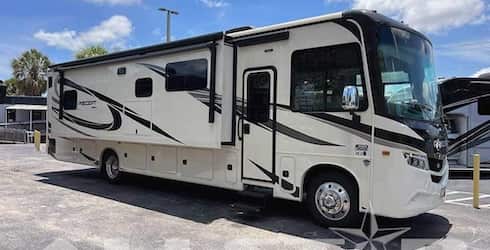 RV Rental: 37′ Precept by Jayco - Exterior view with extended slideouts