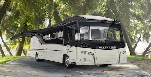 RV Rental: 41' Winnebago Horizon exterior view with awning extended