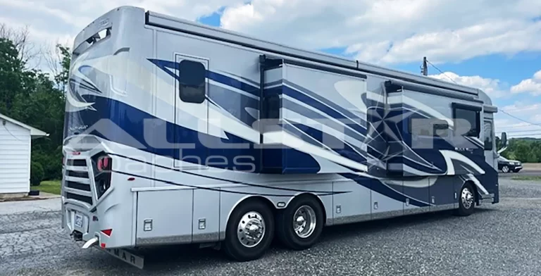 Rent an RV: 41' Newmar Dutch Star Exterior rear side view with slides extended