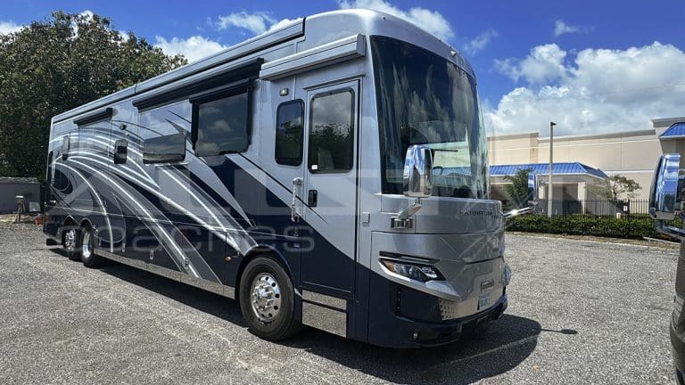 RV Rental: 41' Mountain Aire by Newmar, front, passenger side with slides closed