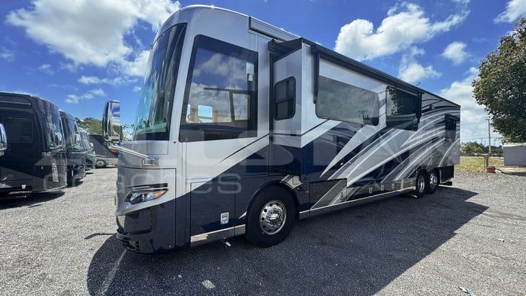 RV Rental: 41' Mountain Aire by Newmar, front driver's side with slides extended
