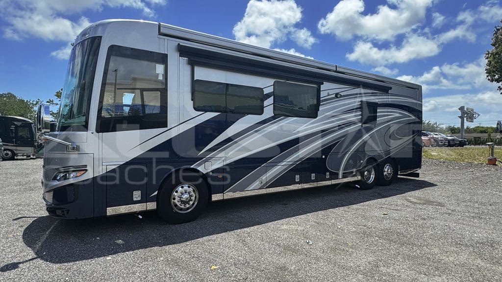 RV Rental: 41' Mountain Aire by Newmar, side view, front driver's side