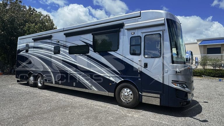 RV Rental: 41' Mountain Aire by Newmar, side view with slides closed