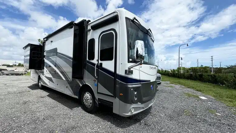 RV Rental: 40' Endeavor by Holiday Rambler, entry view with slides extended