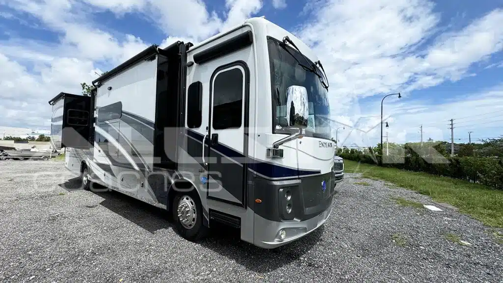 RV Rental: 40' Endeavor by Holiday Rambler, entry view with slides extended